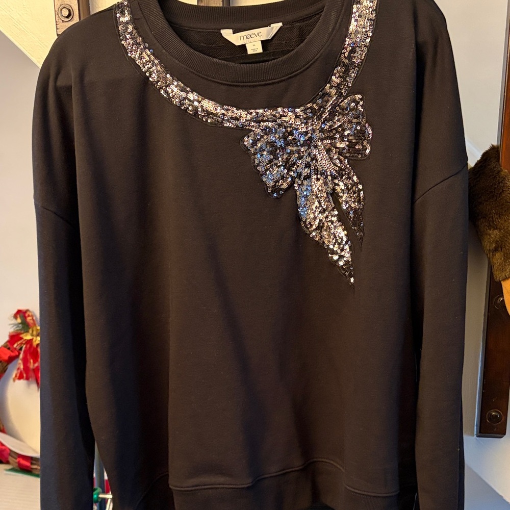Maeve Anthropologie Black Sweatshirt with Sequin Bow NWOT